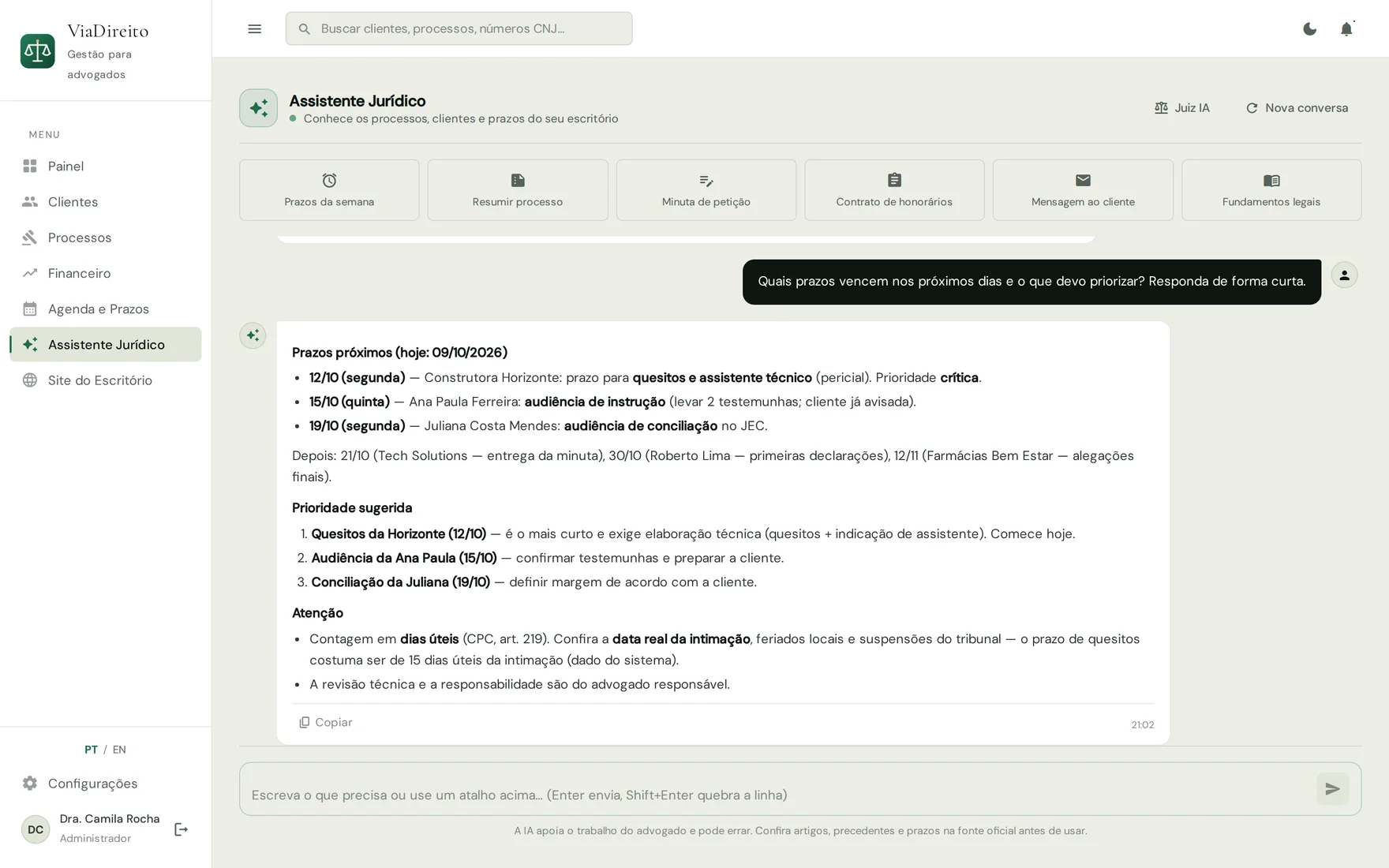 Assistente jurídico respondendo quais prazos vencem nos próximos dias e o que priorizar