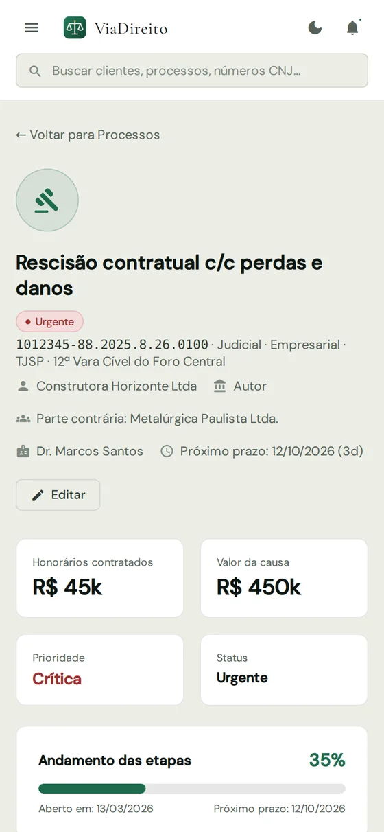 Ficha de um processo no celular