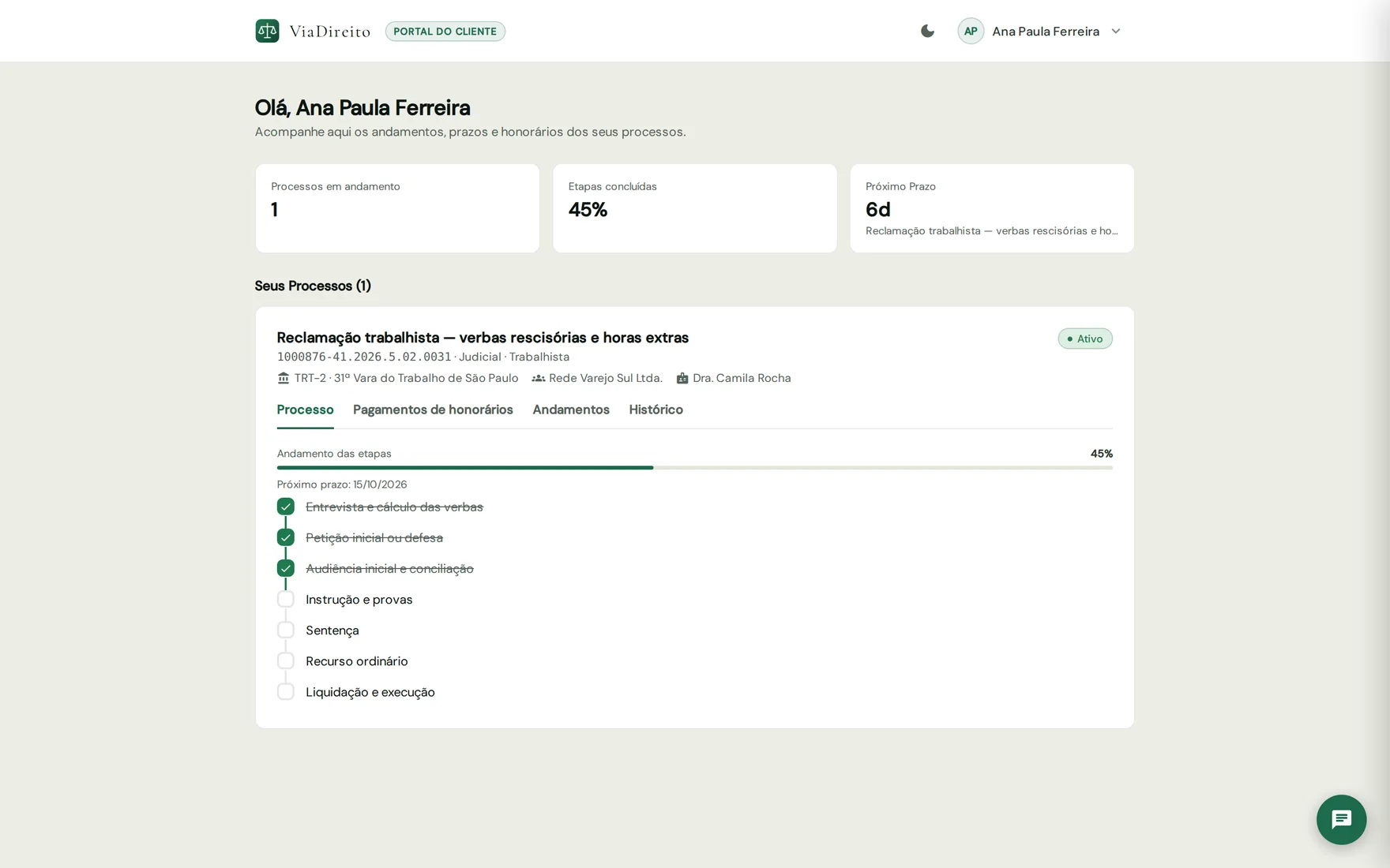 Portal do cliente mostrando as etapas e o próximo prazo de uma reclamação trabalhista