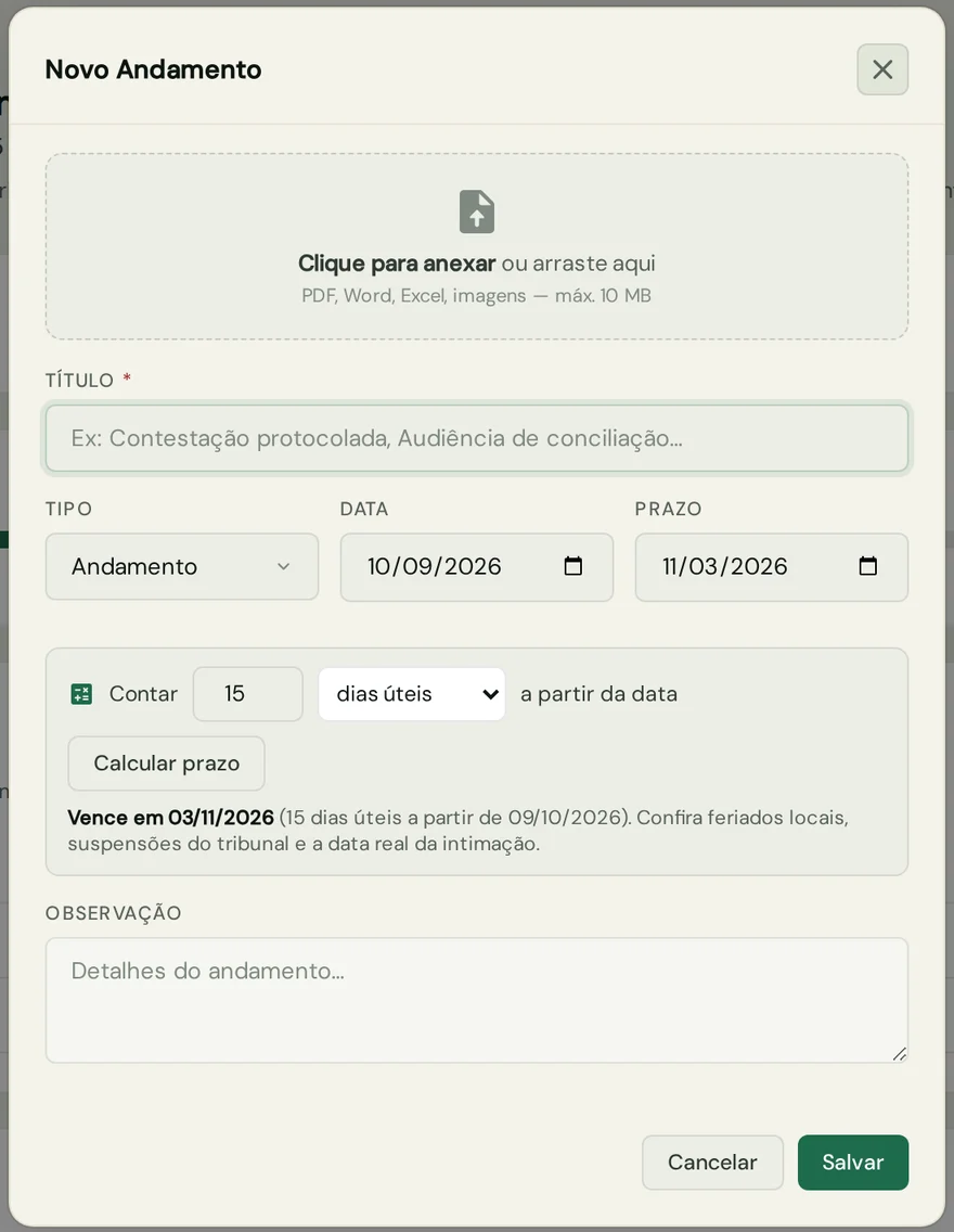 Calculadora de prazo em dias úteis dentro do andamento do processo